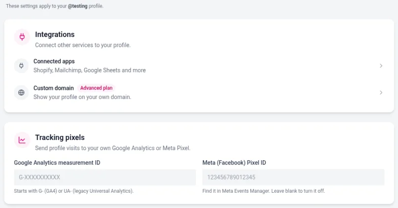 The Integrations tab in Settings with Connected apps, Custom domain marked Advanced plan, and a Tracking pixels section with fields for a Google Analytics measurement ID and a Meta (Facebook) Pixel ID