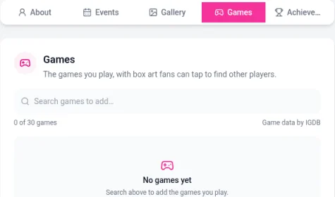 The Games section with a Search games to add box, a 0 of 30 games counter and a Game data by IGDB note