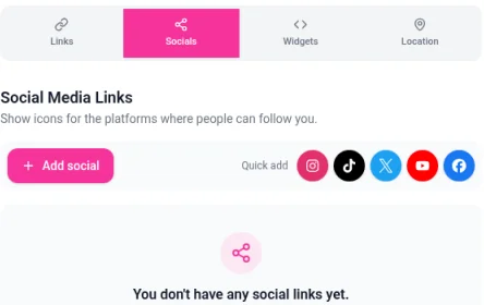 The Socials tab with the Social Media Links heading, an Add social button and Quick add icons for Instagram, TikTok, X, YouTube and Facebook