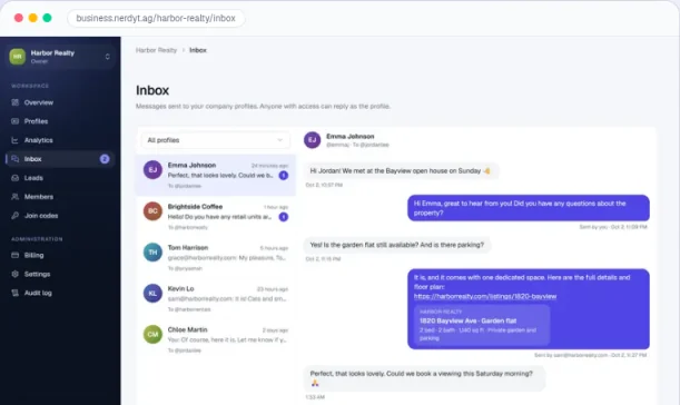 An example team inbox from the NerdyTags Business website, with a list of conversations on the left filtered to All profiles and a conversation about booking a property viewing on the right