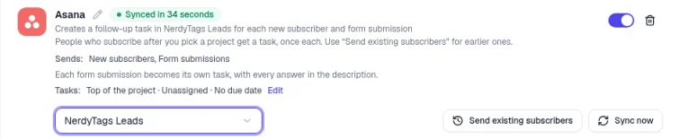 The connected Asana card showing it creates a follow-up task in NerdyTags Leads, Tasks: Top of the project, Unassigned, No due date with an Edit link, and the Send existing subscribers and Sync now buttons