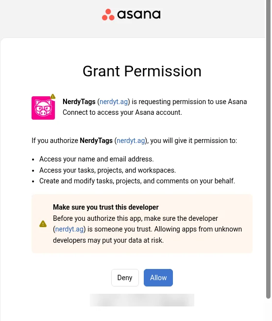Asana's Grant Permission screen for NerdyTags, listing the three permissions with Deny and Allow buttons