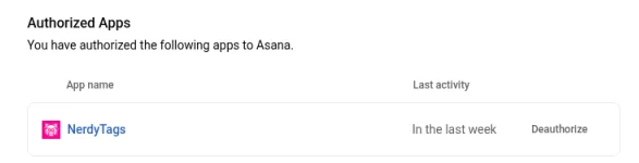 Asana's Settings with the Apps tab open, showing NerdyTags under Authorized Apps with a Deauthorize link
