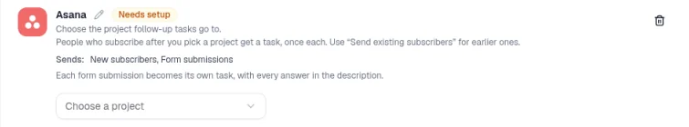 The Asana card marked Needs setup, with a Choose a project dropdown