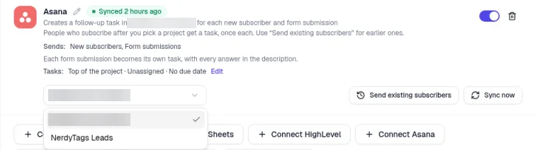 The project dropdown open on the Asana card, with NerdyTags Leads in the list