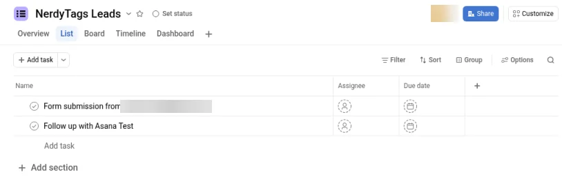 The NerdyTags Leads project in Asana with a new Follow up with task and a Form submission from task
