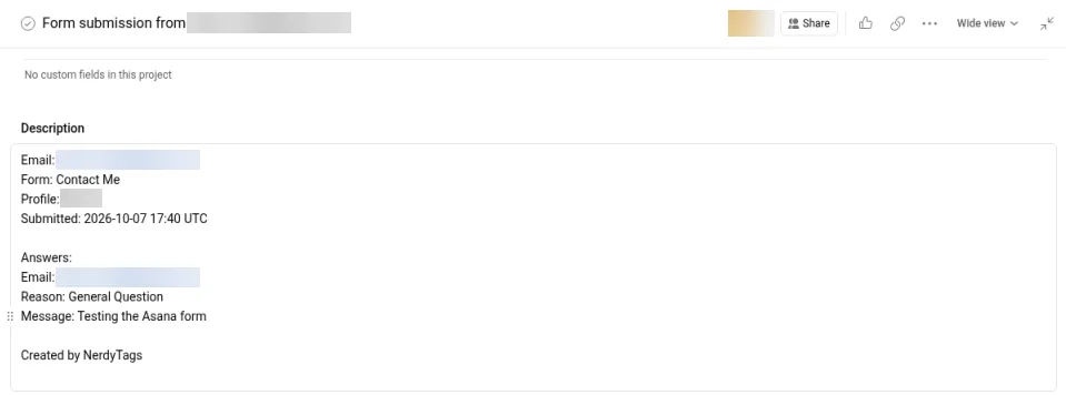 An Asana task called Form submission from, with the email, form, profile, submitted time and each answer in the description