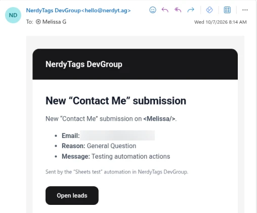 An automation email from NerdyTags DevGroup showing a new Contact Me submission with the lead's answers and an Open leads button