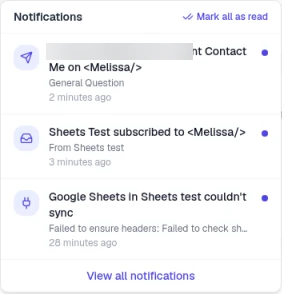 The Notifications panel open from the bell, listing a contact form submission, a new subscriber and an integration alert