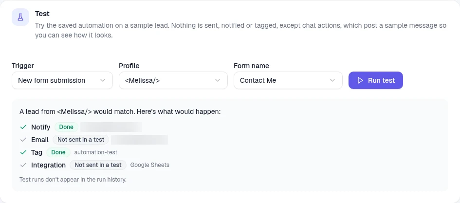 The Test section showing what would happen for a sample lead: Notify and Tag done, Email and Integration marked Not sent in a test