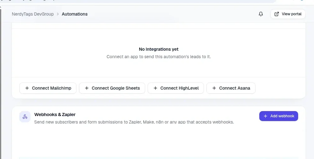 An automation page showing Connect buttons for Mailchimp, Google Sheets, HighLevel and Asana, plus Webhooks and Zapier with Add webhook and Preview data