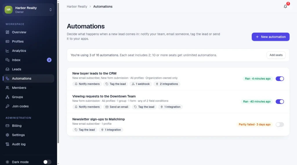 The Automations page with a New automation button, a seats limit banner, and three example automations with their triggers, actions, last run status and on/off switches