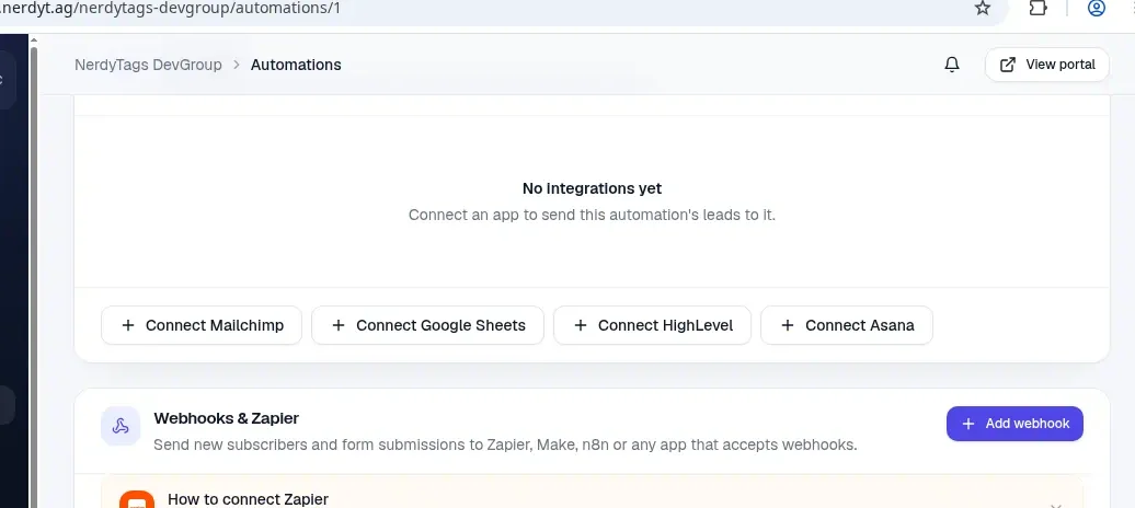 The Integrations and Webhooks sections on an automation, with Connect buttons for Mailchimp, Google Sheets, HighLevel and Asana, Add webhook, How to connect Zapier and Preview data