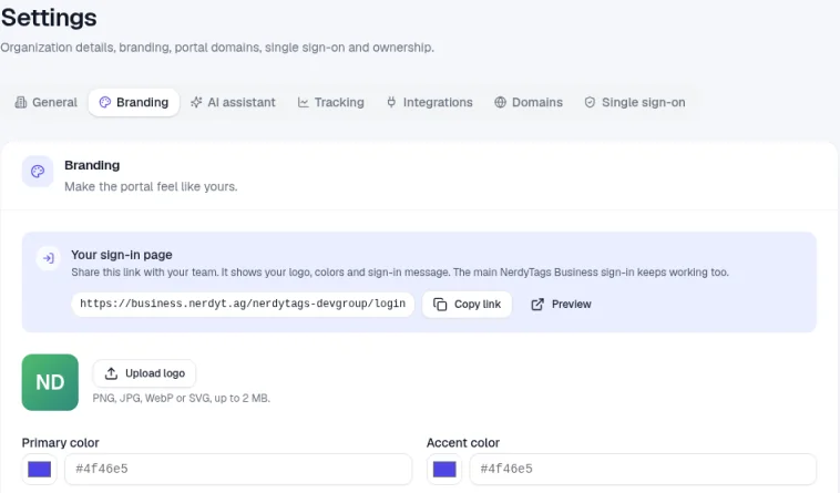 The Branding tab in Settings, next to the General, AI assistant, Tracking, Integrations, Domains and Single sign-on tabs, with the Your sign-in page panel and its sign-in link, Copy link and Preview buttons, Upload logo, and the Primary color and Accent color fields