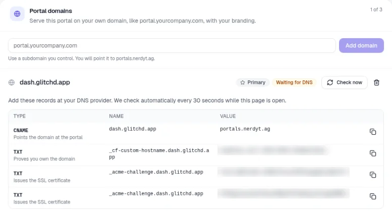 A portal domain marked Primary and Waiting for DNS, with a Check now button and a table of DNS records to add: a CNAME record that points the domain at the portal, a TXT record that proves you own the domain and two TXT records that issue the SSL certificate. The TXT values are hidden.