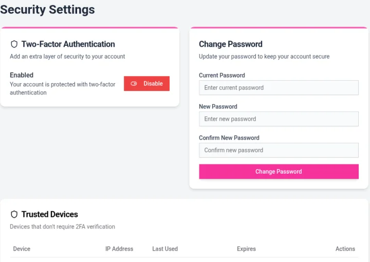 The Security Settings page with the Two-Factor Authentication card, the Change Password form and the Trusted Devices section