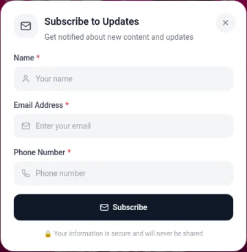 The signup popup on a profile, titled Subscribe to Updates, with Name, Email Address and Phone Number fields and a Subscribe button