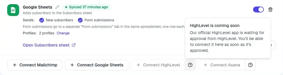 The Connect buttons on the Integrations tab, with Connect HighLevel greyed out and a note that says HighLevel is coming soon: our official HighLevel app is waiting for approval from HighLevel, and you'll be able to connect it as soon as it's approved
