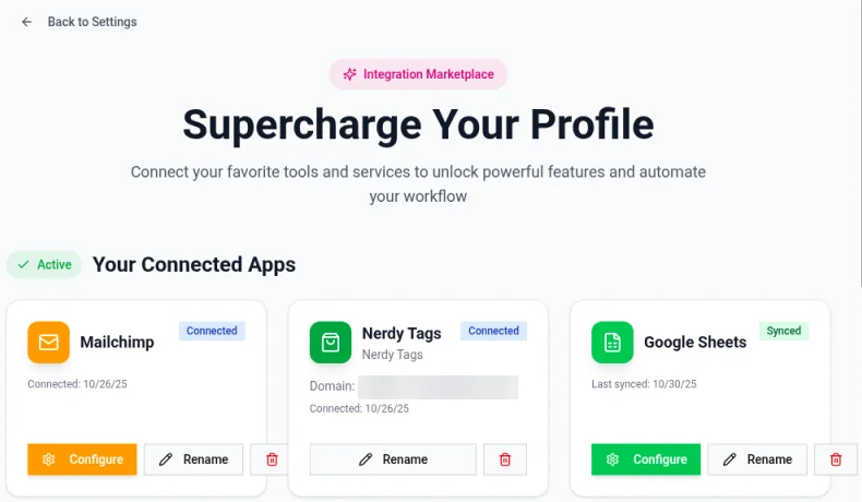 The Integration Marketplace with Your Connected Apps: Mailchimp connected, a Shopify store and Google Sheets synced, each with Configure, Rename and delete buttons