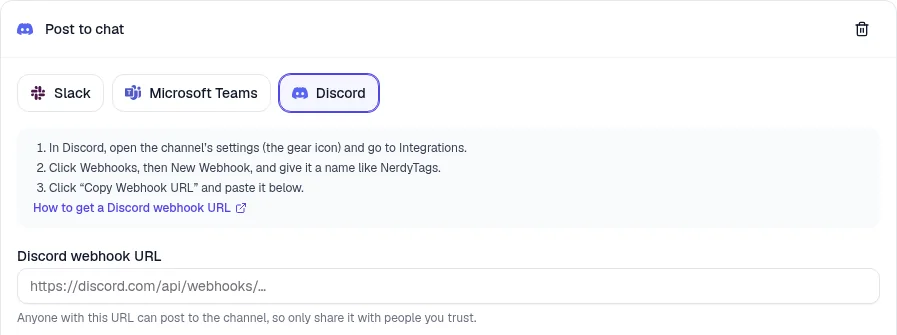 The Post to chat action with Discord selected, showing the steps to get a webhook URL and the empty Discord webhook URL field