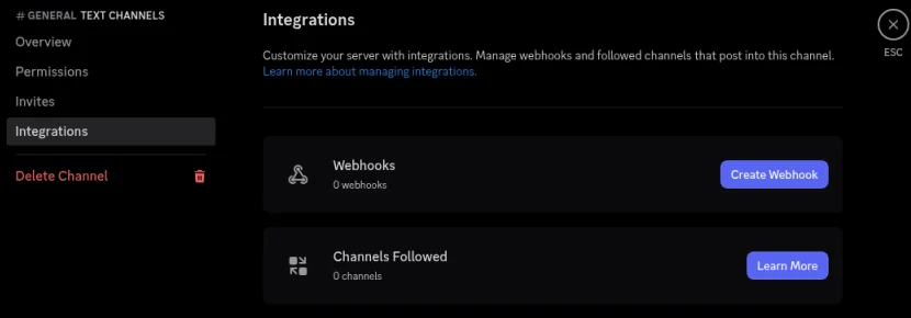 Discord's channel settings open on Integrations, with a Create Webhook button next to Webhooks