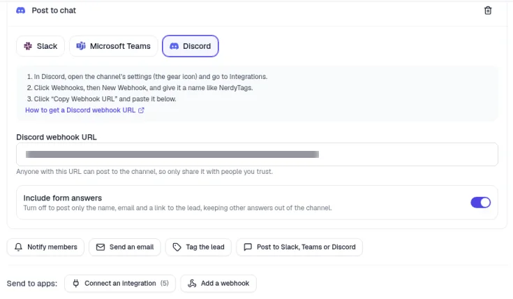 The saved Post to chat action with Discord selected, the webhook URL filled in and hidden, and Include form answers turned on