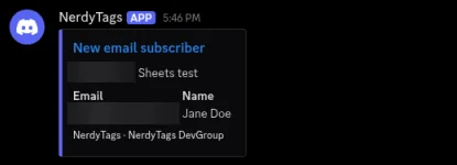 A NerdyTags test post in Discord titled New email subscriber, showing the profile and Sheets test automation, an Email and Name, and the footer NerdyTags · NerdyTags DevGroup