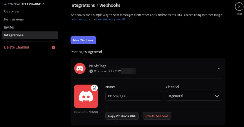 The new webhook named NerdyTags, posting to #general, with the Copy Webhook URL and Delete Webhook buttons