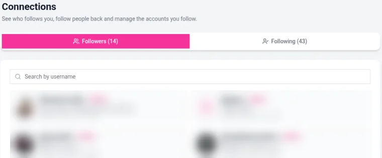 The Connections page with Followers and Following tabs and a search box, with the profile list hidden