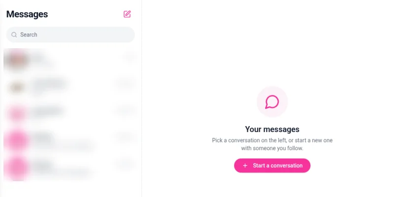 The Messages page with a list of conversations hidden for privacy and a Start a conversation prompt