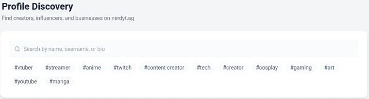 The Profile Discovery page with a search box and hashtag filters such as vtuber, streamer, anime and twitch