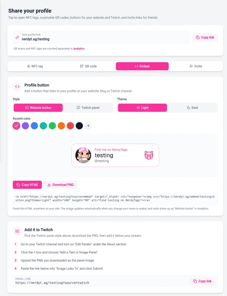 The Embed tab on the Share page with Website button and Twitch panel styles, Light and Dark themes, accent colors, a preview of the button, Copy HTML and Download PNG, and steps to add it to Twitch