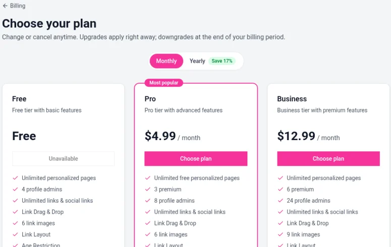 The Choose your plan page with Free, Pro and Business cards, a Monthly and Yearly switch and Choose plan buttons