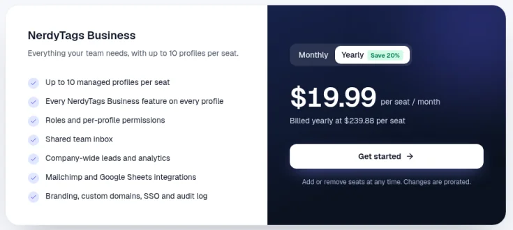 The NerdyTags Business pricing card on business.nerdyt.ag with the Yearly option selected, showing $19.99 per seat per month billed yearly at $239.88 per seat, and a list of what's included