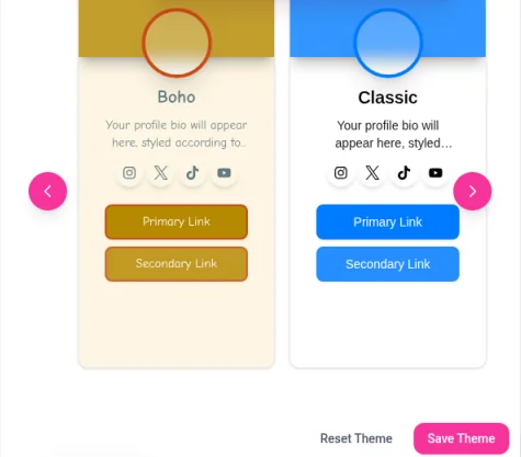 Template previews for Boho and Classic on the Customize page, with Reset Theme and Save Theme buttons