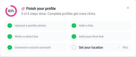The Finish your profile checklist at 83 percent, with 5 of 6 steps done and only Set your location left, plus a Skip option