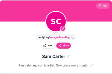 The profile card on the Links page for the sample profile Sam Carter, with the nerdyt.ag/sam_onboarding address, View and Share buttons, a Tour button, and pencil icons next to the photo, title and bio