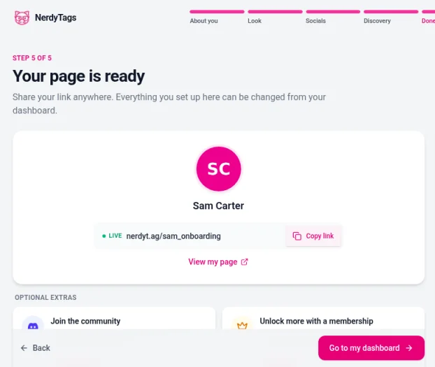 Step 5 of 5, Your page is ready, showing the sample profile Sam Carter with a LIVE badge, the nerdyt.ag/sam_onboarding address, Copy link and View my page buttons, and a Go to my dashboard button