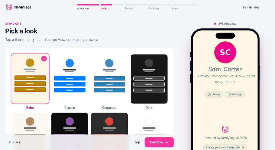 Step 2 of 5 of the NerdyTags profile setup, Pick a look, with the Boho theme selected and a live phone preview of the sample profile Sam Carter beside it