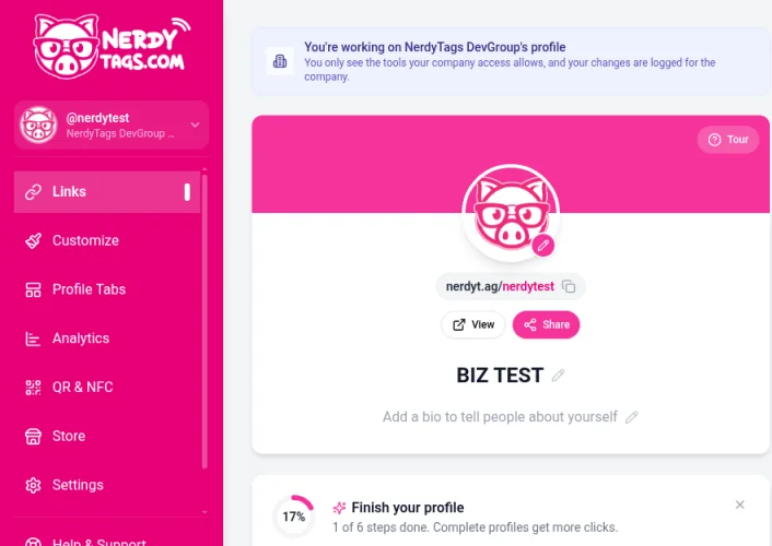 The NerdyTags dashboard on a company profile, with the banner You're working on NerdyTags DevGroup's profile at the top, the sidebar showing Links, Customize, Profile Tabs, Analytics, QR & NFC, Store and Settings, and the profile's Finish your profile checklist