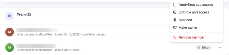 The member actions menu with NerdyTags app access at the top, followed by Edit role and access, Suspend, Make owner and Remove member, and the Team list where one member's row ends with 1 profile in the app. Email addresses are hidden.