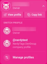 The profile switcher in the NerdyTags dashboard, with the member's own profiles marked Owner and the company profile @nerdytest labeled NerdyTags DevGroup company profile, above Manage profiles. The member's own usernames are hidden.