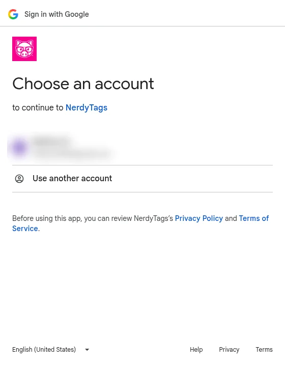 Google's Choose an account screen asking which account to use to continue to NerdyTags