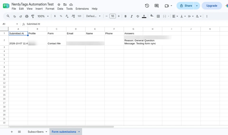 The Form submissions tab in Google Sheets with the columns Submitted At, Profile, Form, Email, Name, Phone and Answers