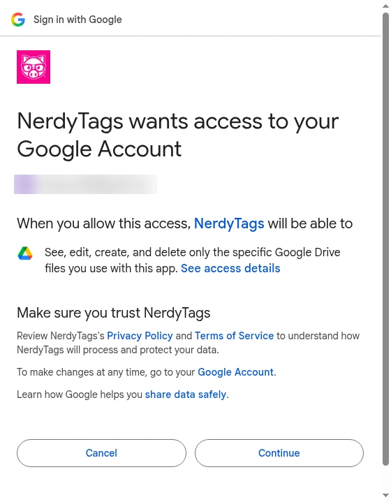Google's access screen asking to let NerdyTags see, edit, create and delete only the specific Google Drive files used with the app