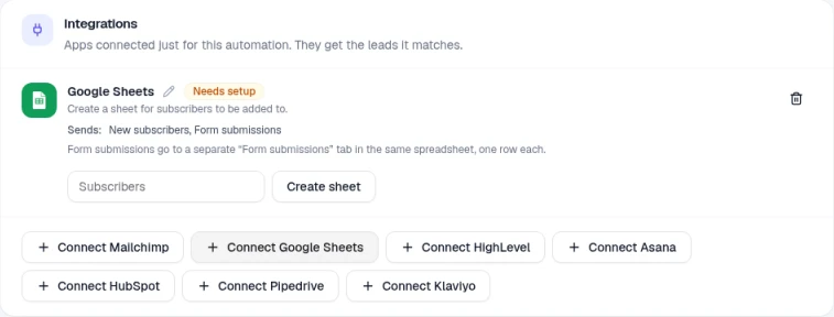 The Google Sheets card marked Needs setup, with a spreadsheet name box and a Create sheet button