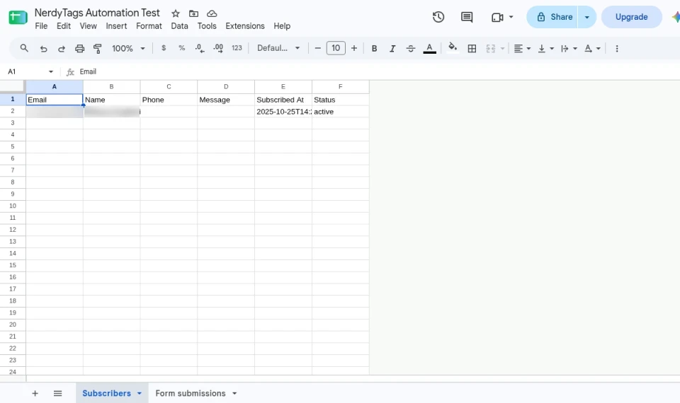 The Subscribers tab in Google Sheets with the columns Email, Name, Phone, Message, Subscribed At and Status