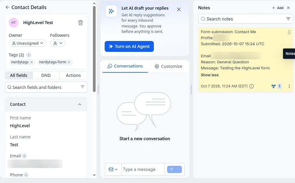 A HighLevel contact tagged nerdytags and nerdytags-form, with a note showing the form submission, profile, submitted time, reason and message