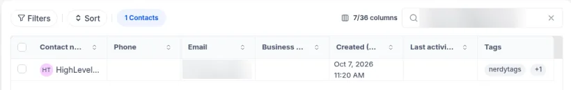 HighLevel's Contacts list showing a contact created Oct 7, 2026 with the nerdytags tag