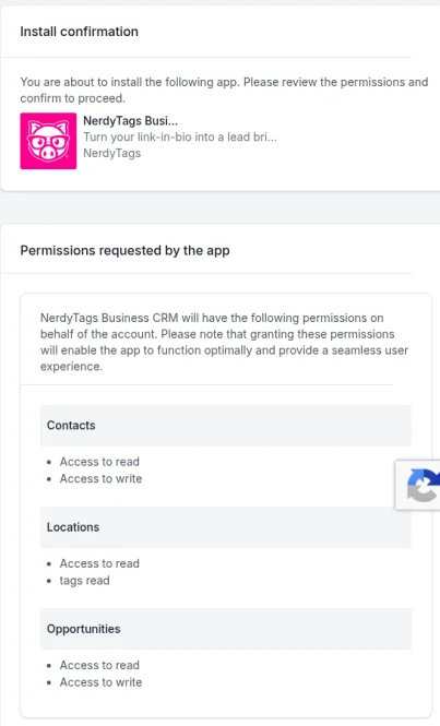 HighLevel's Install confirmation screen for NerdyTags Business CRM, listing permissions for Contacts, Locations and Opportunities